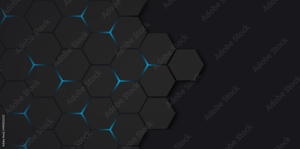 Poster abstract black and blue light hexagon line in grey modern luxury futuristic background design. hexag
