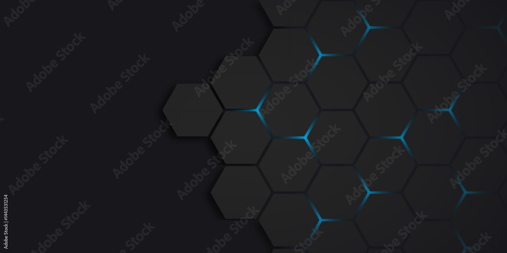 Poster abstract black and blue light hexagon line in grey modern luxury futuristic background design. hexag