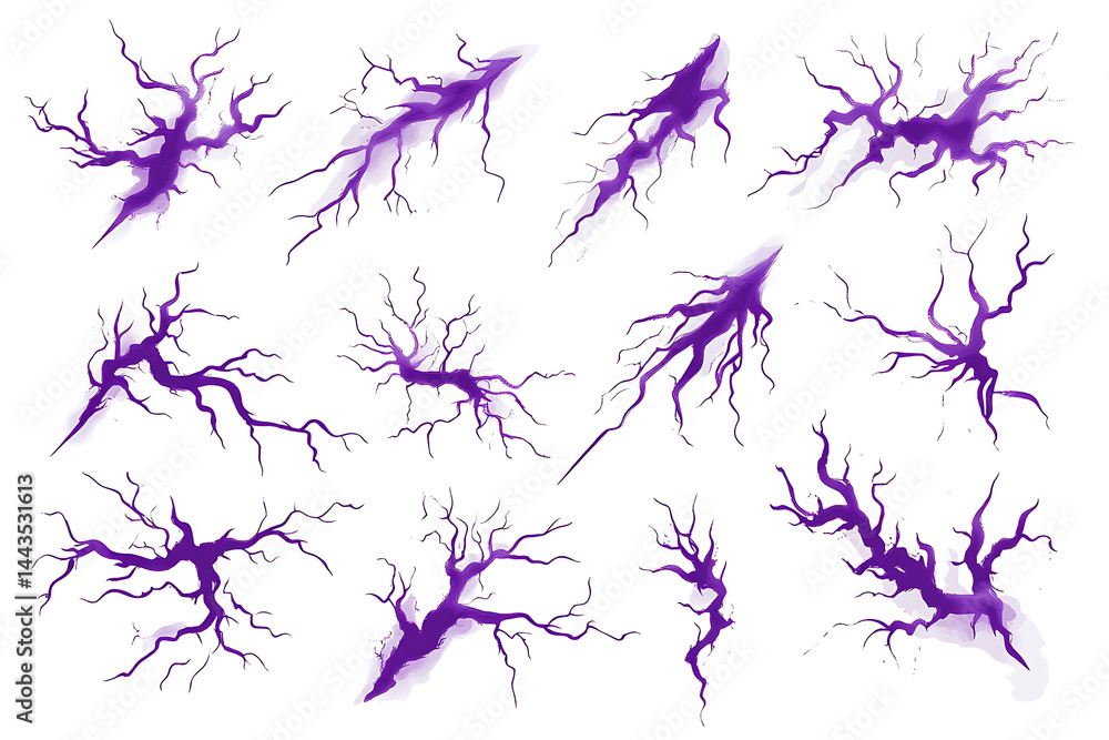 Poster collection of purple lightning bolt graphics showcasing various shapes and styles for design use
