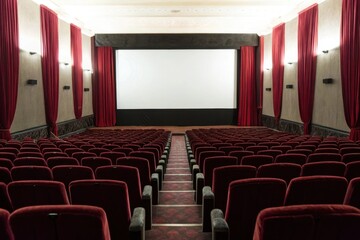 Fototapeta premium Empty vintage movie theater with red velvet seats and curtains ready for the show to begin