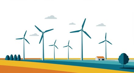 Stylized flat graphic art of minimalist wind farm on open landscape, simple and clean