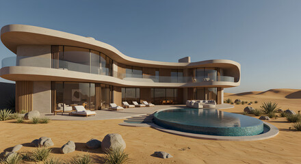 Fototapeta premium Desert Oasis Modern Villa With Infinity Pool And Luxury Architecture