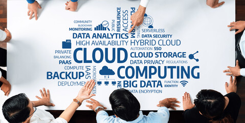 A diverse team is engaged in a collaborative meeting, discussing strategies for cloud computing, data analytics, security, and innovative solutions for business transformation. Amity