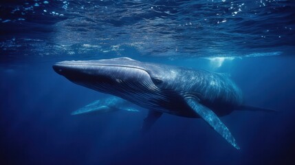 Fototapeta premium Majestic Blue Whale Swimming Underwater in Ocean