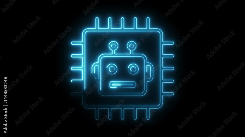Aufkleber neon robot head in microchip outline on black background cybernetic ai artificial intelligence futur