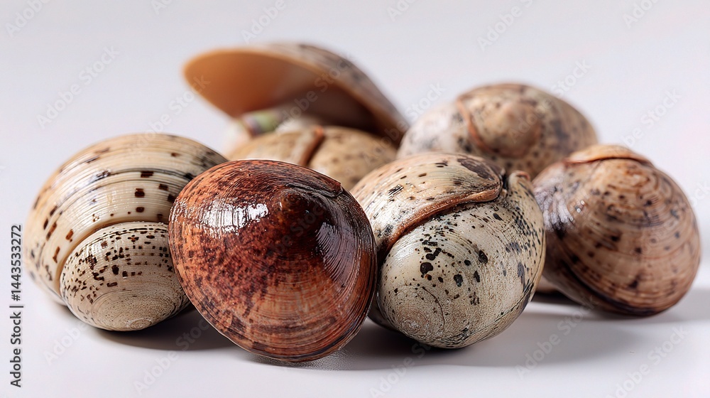 Poster close-up view of beautiful shells arranged on a light background