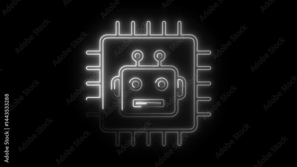 Poster robot head integrated with cpu neon style animated graphic on black background concept of artificial