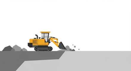 Stylized flat graphic art of minimalist surface miner digging terrain on white