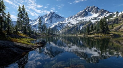 Fototapeta premium Serene Mountain Lake: A Breathtaking Landscape Painting