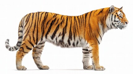 Naklejka premium Majestic Tiger with Vibrant Stripes Against a White Background