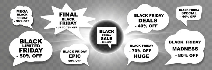 Black friday sale speech bubbles with discount percentages, bold text, and promotional offers on transparent background.