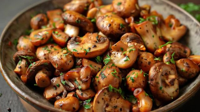 A video of fried mushrooms in a bowl garnished with herbs would make a great background for cooking blogs, recipes, restaurant or food commercials.
