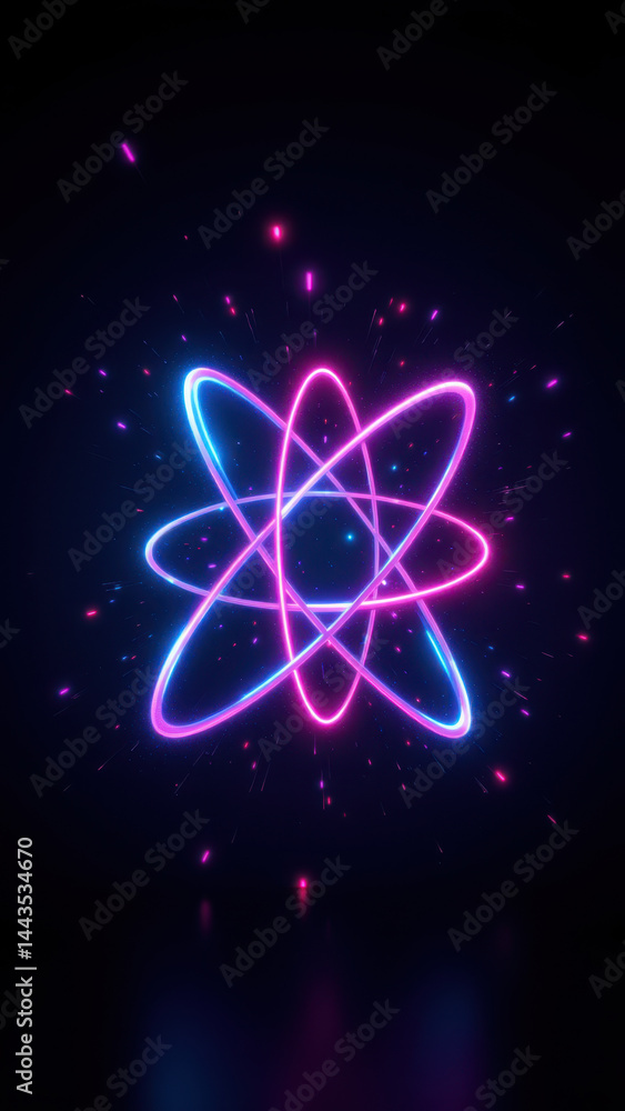 Poster an artistic representation of an atomic structure with a vibrant pink glow.