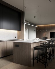 Interior of modern kitchen with white walls, concrete floor, wooden cabinets and cupboards, massive stone island and long dining table with chairs. 3d rendering
