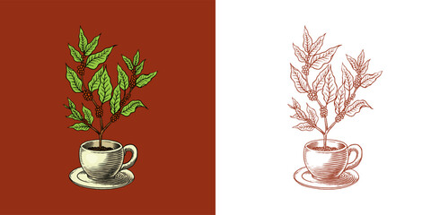 Coffee cup in vintage style. cinnamon sticks, a cup and a teapot, a coffee maker and a bag of milk, calligraphic inscription. Hand drawn engraved retro sketch for labels.