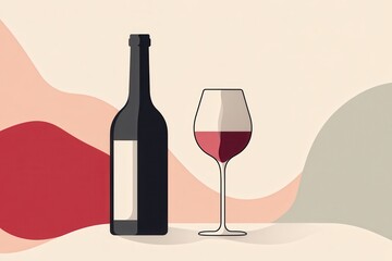 A minimalist illustration of a wine bottle and glass against an abstract background design style