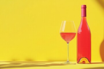 Still life of a bottle and glass of rosé wine against a bright yellow background with shadows cast