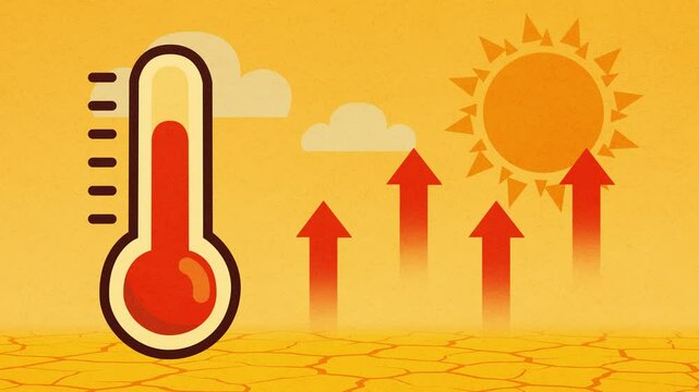 Conceptual illustration of global warming with a rising thermometer, sun, arrows symbolizing heat, and cracked earth. Ideal for climate crisis topics and environmental campaigns