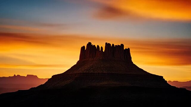 Dramatic desert mesa silhouette at sunset, ideal for travel inspiration and adventure seekers