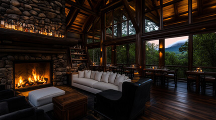 Fototapeta premium Cozy log cabin living room with glowing fireplace at night 