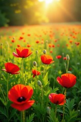 A carpet of red poppies blankets a lush green summer meadow, bathed in golden sunlight , texture, royalty free