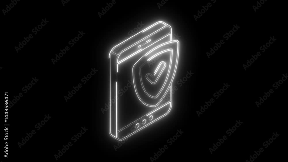 Poster neon mobile security animation isometric phone with shield and check mark data protection illustrati