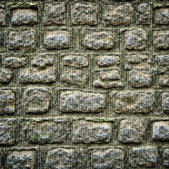 Weathered grey stone wall with moss and lichen growth, grunge texture, aged appearance, rough surface
