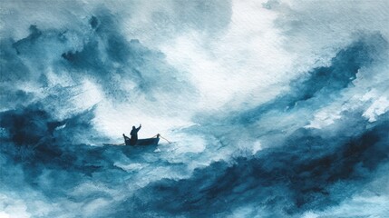 Expressive Christian illustration of Jesus calming the sea.

