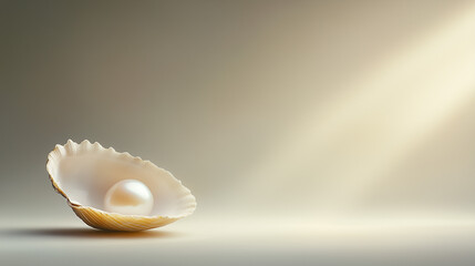 Single pearl in open shell on neutral background minimal still life
