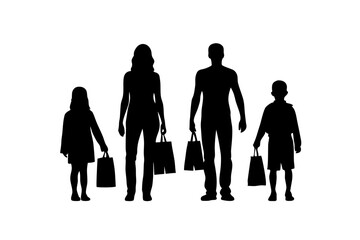 Silhouette of a family of four, consisting of parents and children holding shopping bags
