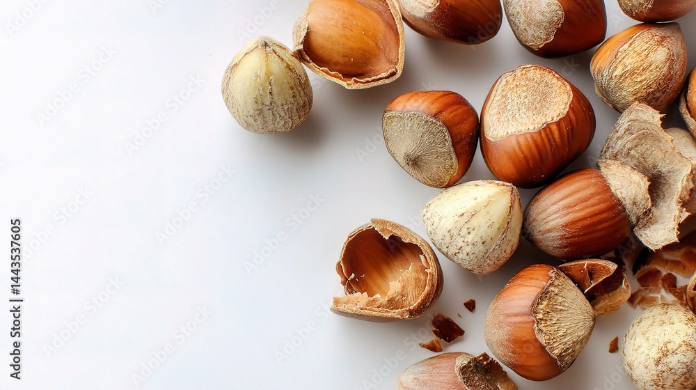 Poster fresh hazelnuts and shells on white background for culinary use