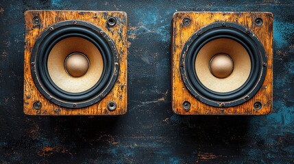 Two vintage wooden cube speakers on dark background.