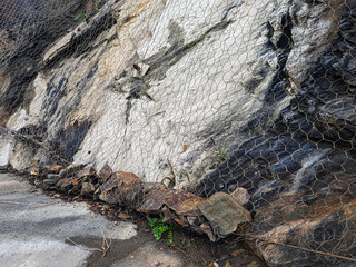 A network of chicken wire secures a rocky cliffside near a roadway, showcasing erosion control...