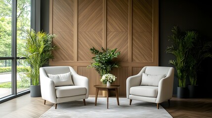 Modern living room with white armchairs and wooden wall Generative AI