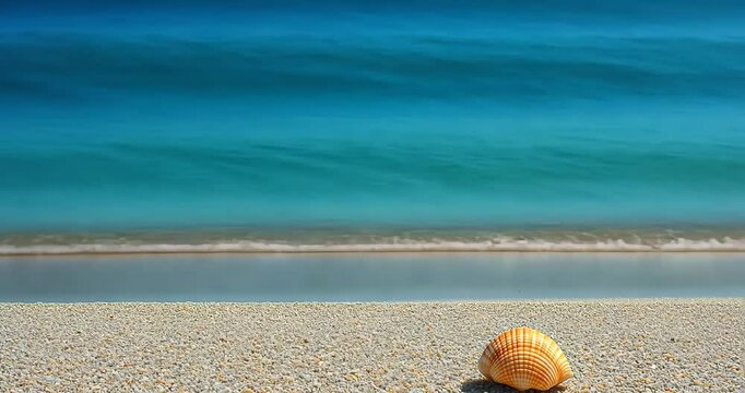 A seashell rests on the beach as tranquil waves lap the shore.