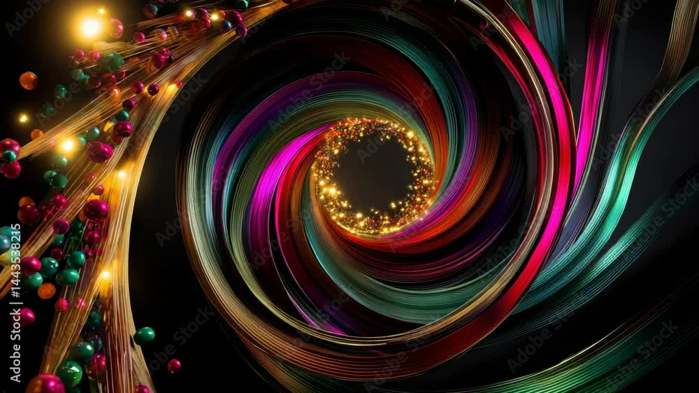 Poster abstract digital art illustration showing colorful swirl and spheres on dark background with glowing
