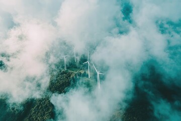 Wind turbines amidst clouds