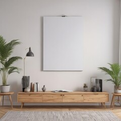 Modern living room, poster mockup on white wall, wooden clips,  marketing,  showcase,  visual