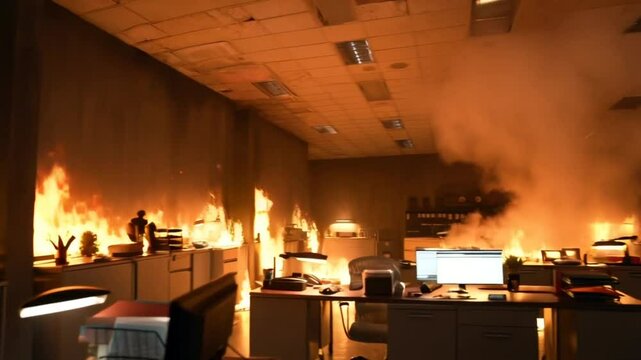 Zombie worker focuses on keyboard. Office ablaze, desk light on. Corporate nightmare scenario; she keeps going in a burning office.