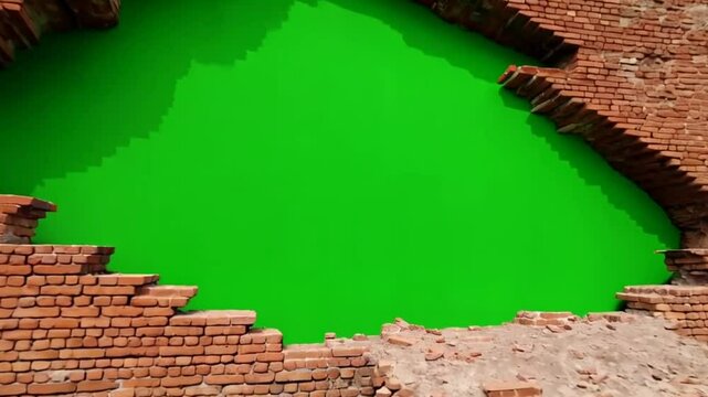 Weathered brick wall with a large hole that is green screen. A striking background element, implying decay, or symbolizing a passage through.