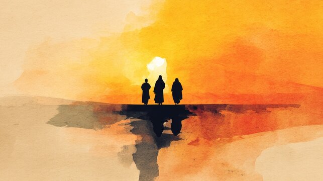 Road to Emmaus. Modern faith-based artwork showing Christ and two companions on the Emmaus journey, watercolor wash style.


