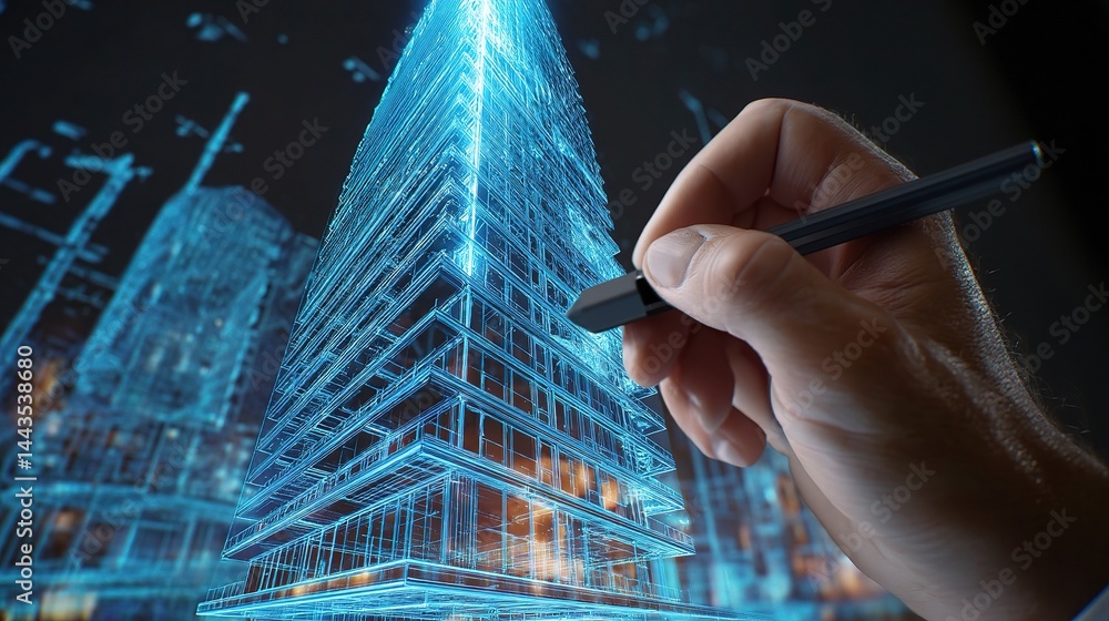 Aufkleber hand sketching digital building design on virtual interface
