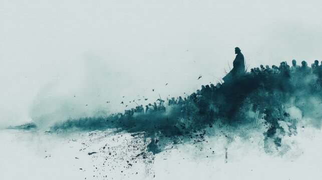 Sermon on the Mount. Watercolor interpretation of the Sermon on the Mount, with simplified figures and a serene, washed background.

