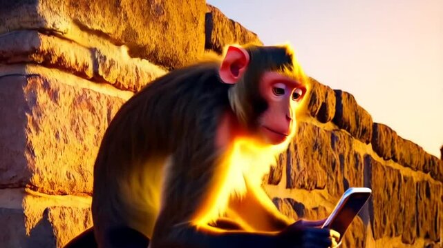 Monkey engrossed in its mobile device against a backdrop of ancient stone architecture, bathed in the warm light of the setting sun.