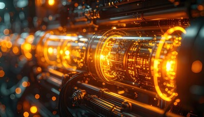 Close-up of a glowing high-tech machine quantum computer with illuminated circuits and futuristic components
