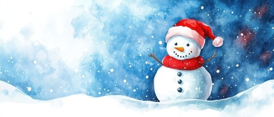 Fototapeta premium Watercolor snowman with red santa hat