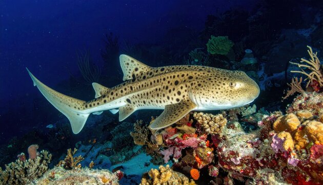 Spotted leopard shark swimming peacefully above vibrant coral reef in deep blue ocean environment