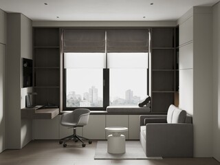 3d rendering interior of cozy living room. Remote working and work from home as an office is a new business trend. Home office is a safe place to work.