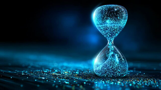 Illuminated Hourglass with Flowing Blue Particles, Representing Finite Time and Digital Processes, Standing on a Circuitry-Inspired Surface