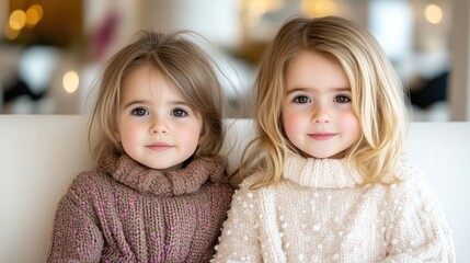 Two young children sitting side by side on a cozy white couch, wearing knitted sweaters, soft lighting and blurred background, and indoor portrait.
